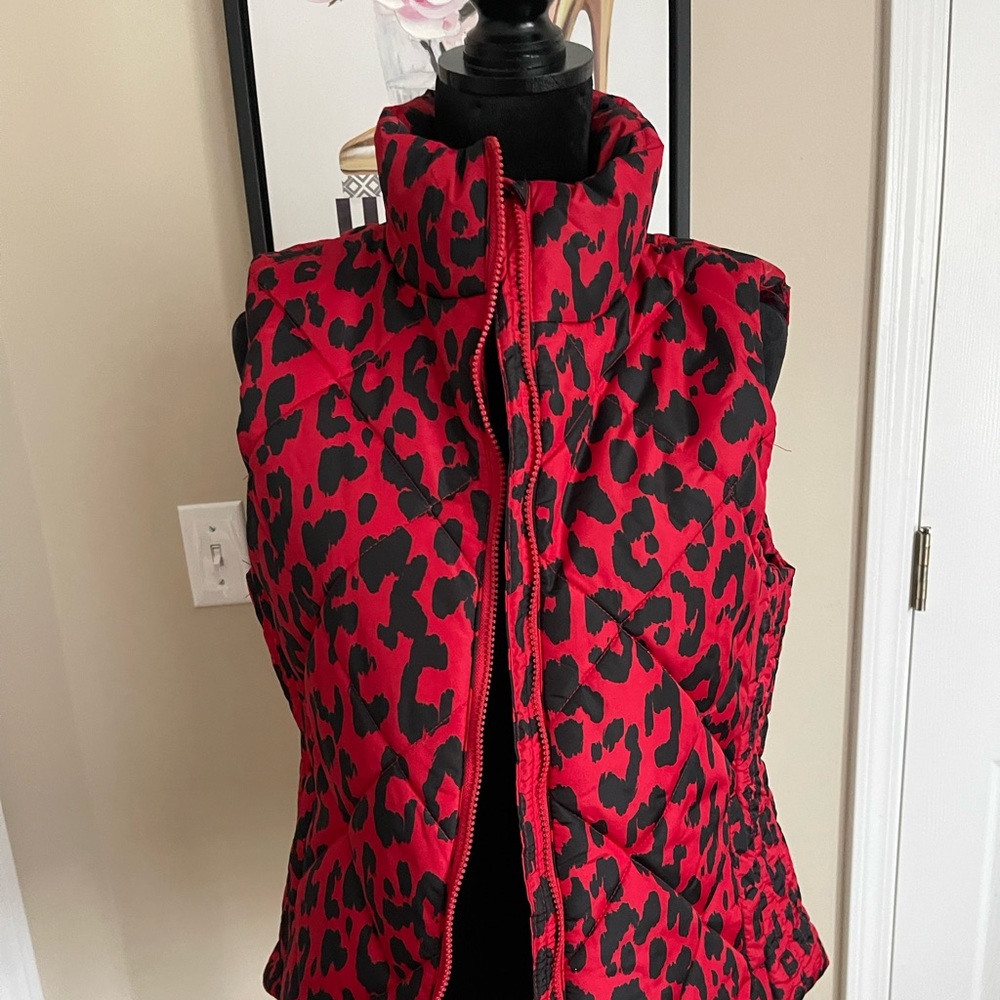 Red animal print puffy vest